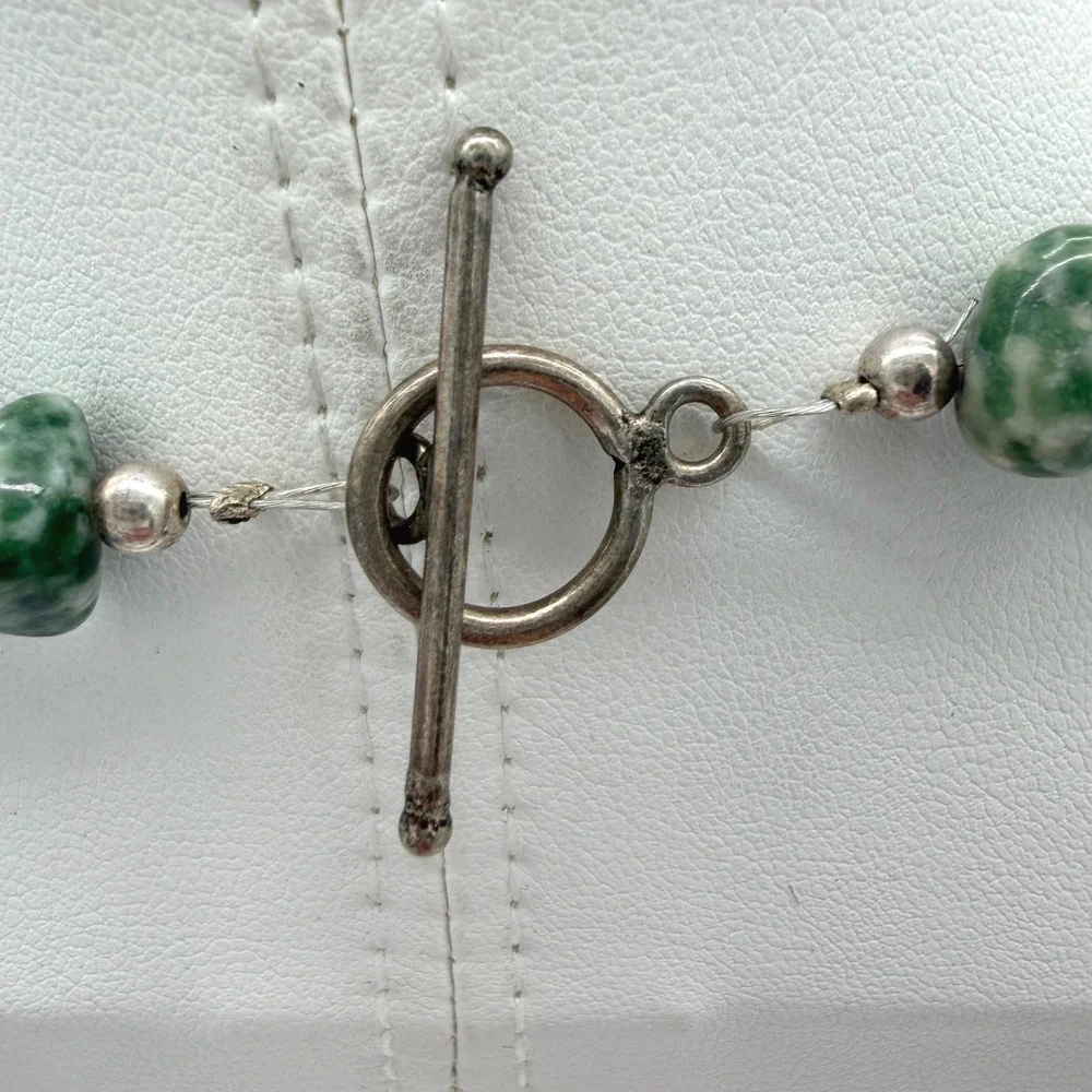 Vintage Green White Stone Bead Necklace Mottled Jasper Agate Toggle Statement